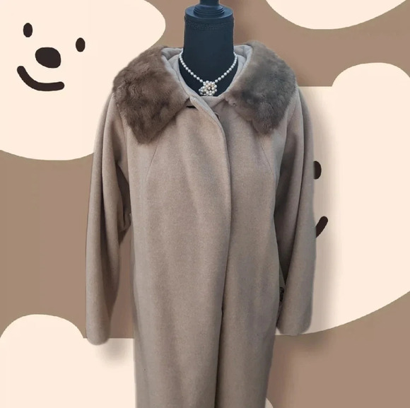 Mid-Century Wool Coat with Real Mink Fur Collar- Trench coat overcoat union-made - Picture 9 of 16